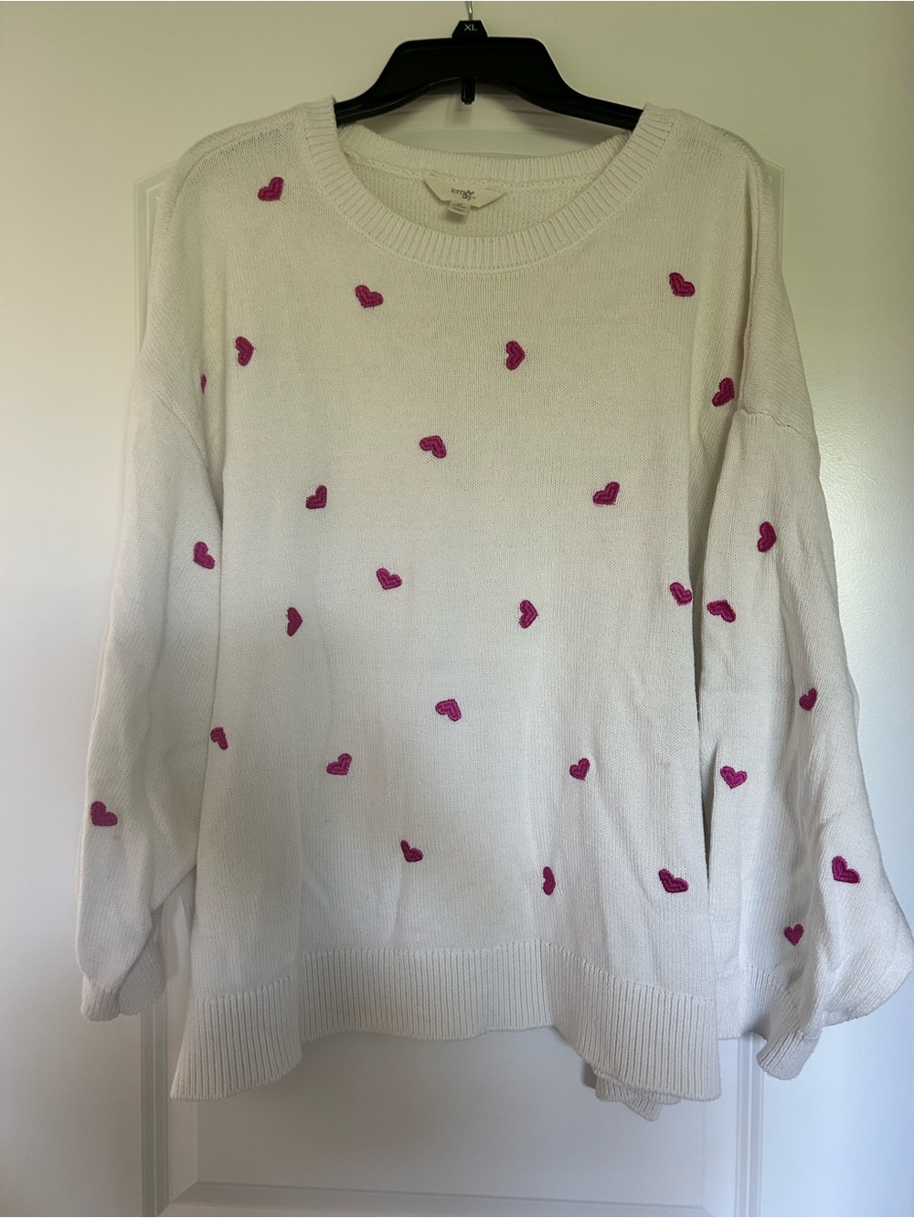 Terra & Sky White Crewneck Sweater with Pink Heart Accents